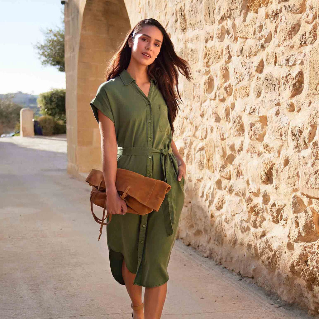 Lenira Womens Relaxed Fit Luxurious Tencel Lyocell Shirt Dress - Dark Matcha - Image 2