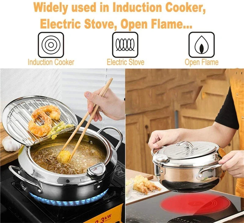 Japanese Deep Frying Pot with a Thermometer and a Lid 304 Stainless Steel Kitchen Tempura Fryer Pan 20/24cm - Image 17