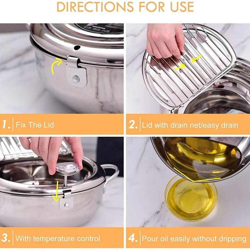 Japanese Deep Frying Pot with a Thermometer and a Lid 304 Stainless Steel Kitchen Tempura Fryer Pan 20/24cm - Image 5