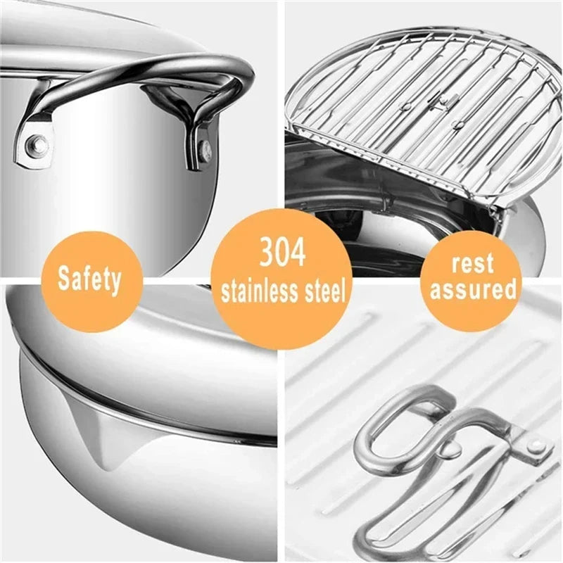 Japanese Deep Frying Pot with a Thermometer and a Lid 304 Stainless Steel Kitchen Tempura Fryer Pan 20/24cm - Image 6