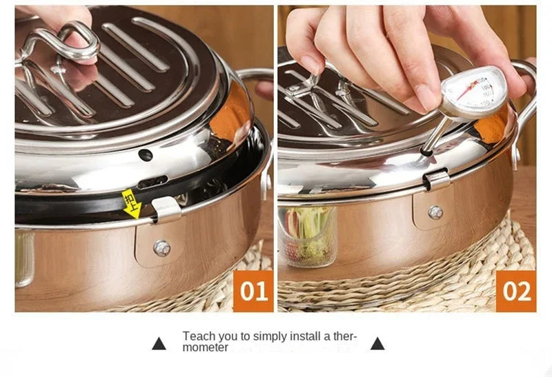 Japanese Deep Frying Pot with a Thermometer and a Lid 304 Stainless Steel Kitchen Tempura Fryer Pan 20/24cm - Image 26