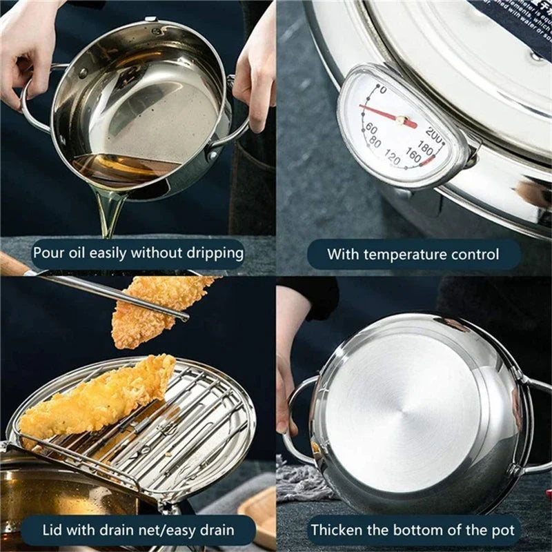 Japanese Deep Frying Pot with a Thermometer and a Lid 304 Stainless Steel Kitchen Tempura Fryer Pan 20/24cm - Image 18