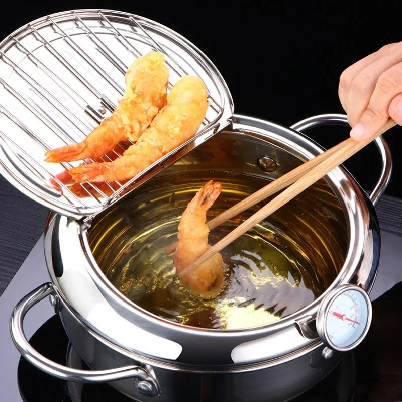 Japanese Deep Frying Pot with a Thermometer and a Lid 304 Stainless Steel Kitchen Tempura Fryer Pan 20/24cm - Image 7