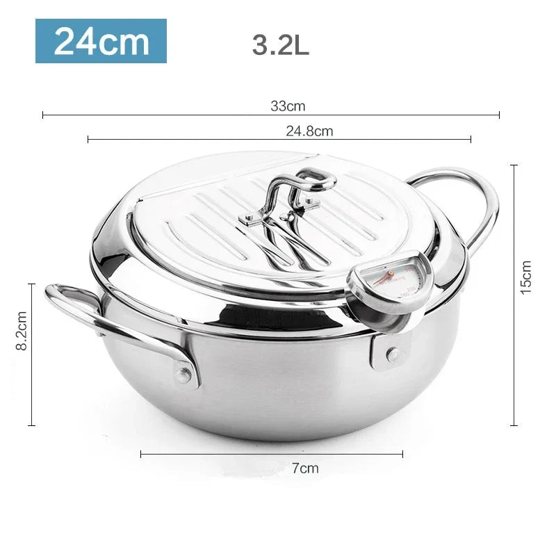 Japanese Deep Frying Pot with a Thermometer and a Lid 304 Stainless Steel Kitchen Tempura Fryer Pan 20/24cm - Image 14