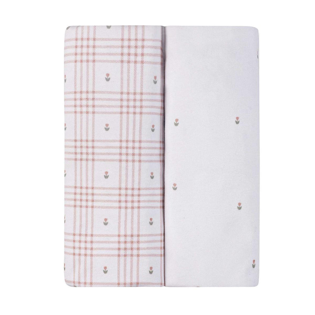 Ely's & Co. 2 Pack Waterproof Crib Sheets - Floral Plaid Collection - Pink - Image 2