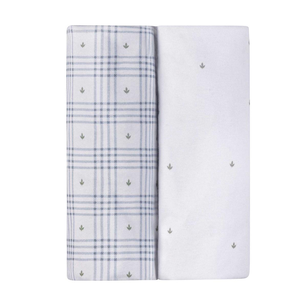Ely's & Co. 2 Pack Waterproof Pack n Play Sheets - Floral Plaid Collection - Blue - Image 2