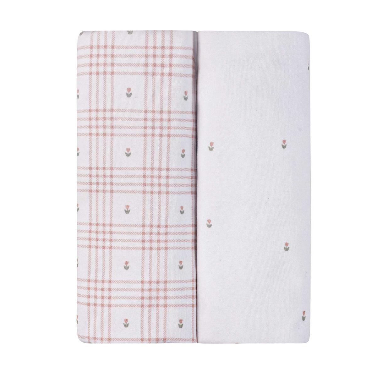 Ely's & Co. 2 Pack Waterproof Pack n Play Sheets - Floral Plaid Collection - Pink - Image 2