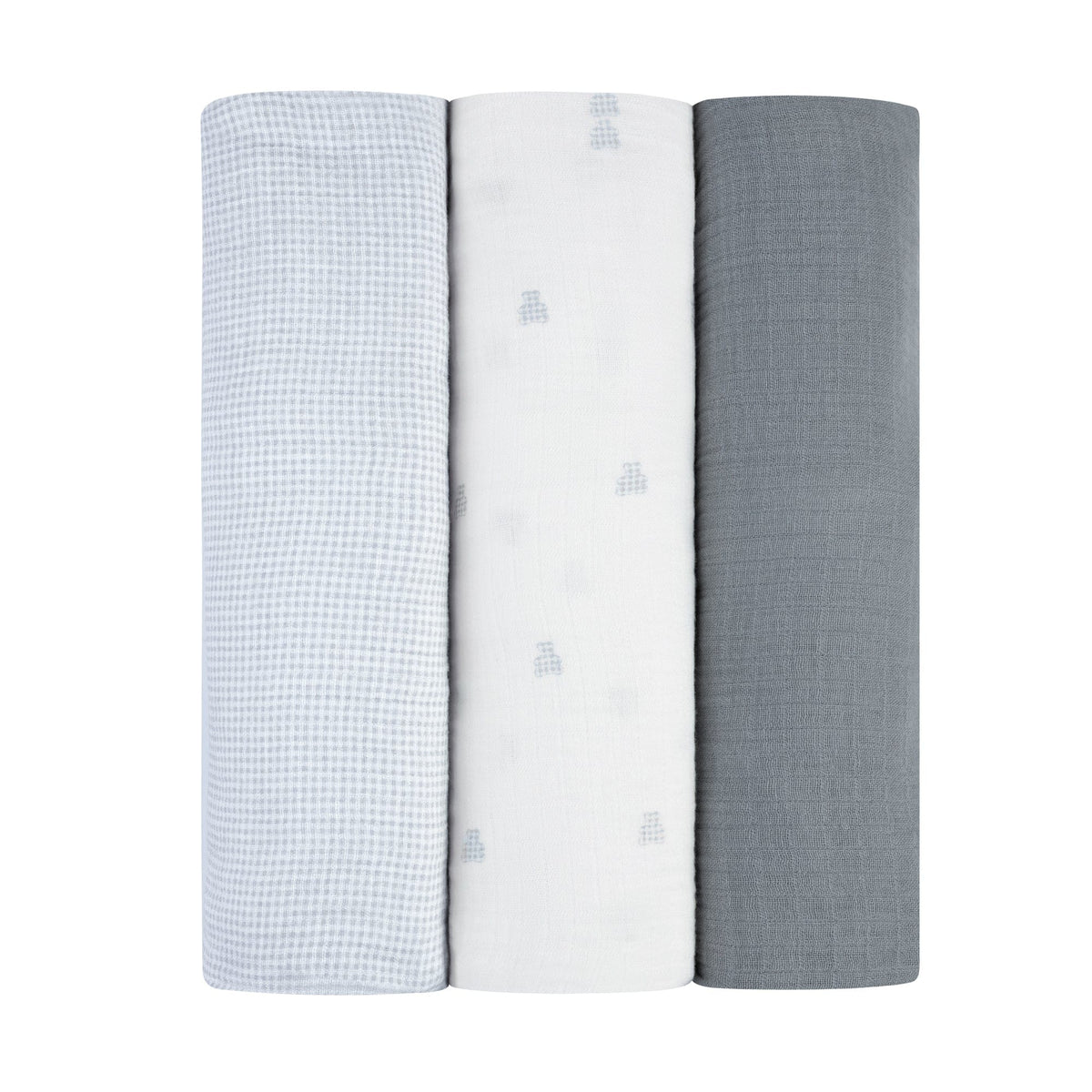 Ely's & Co. 3 Pack Muslin Swaddles - Gingham Bear Collection - Blue