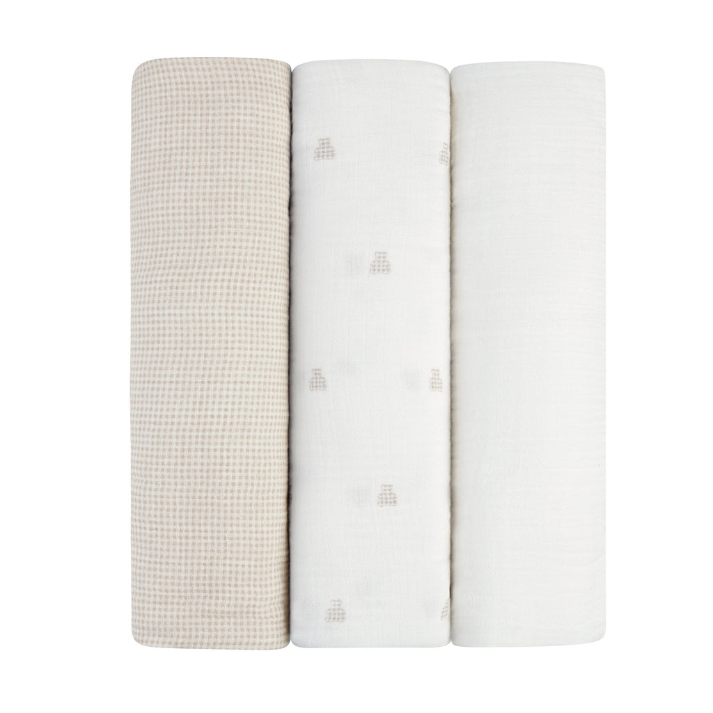 Ely's & Co. 3 Pack Muslin Swaddles - Gingham Bear Collection - Tan