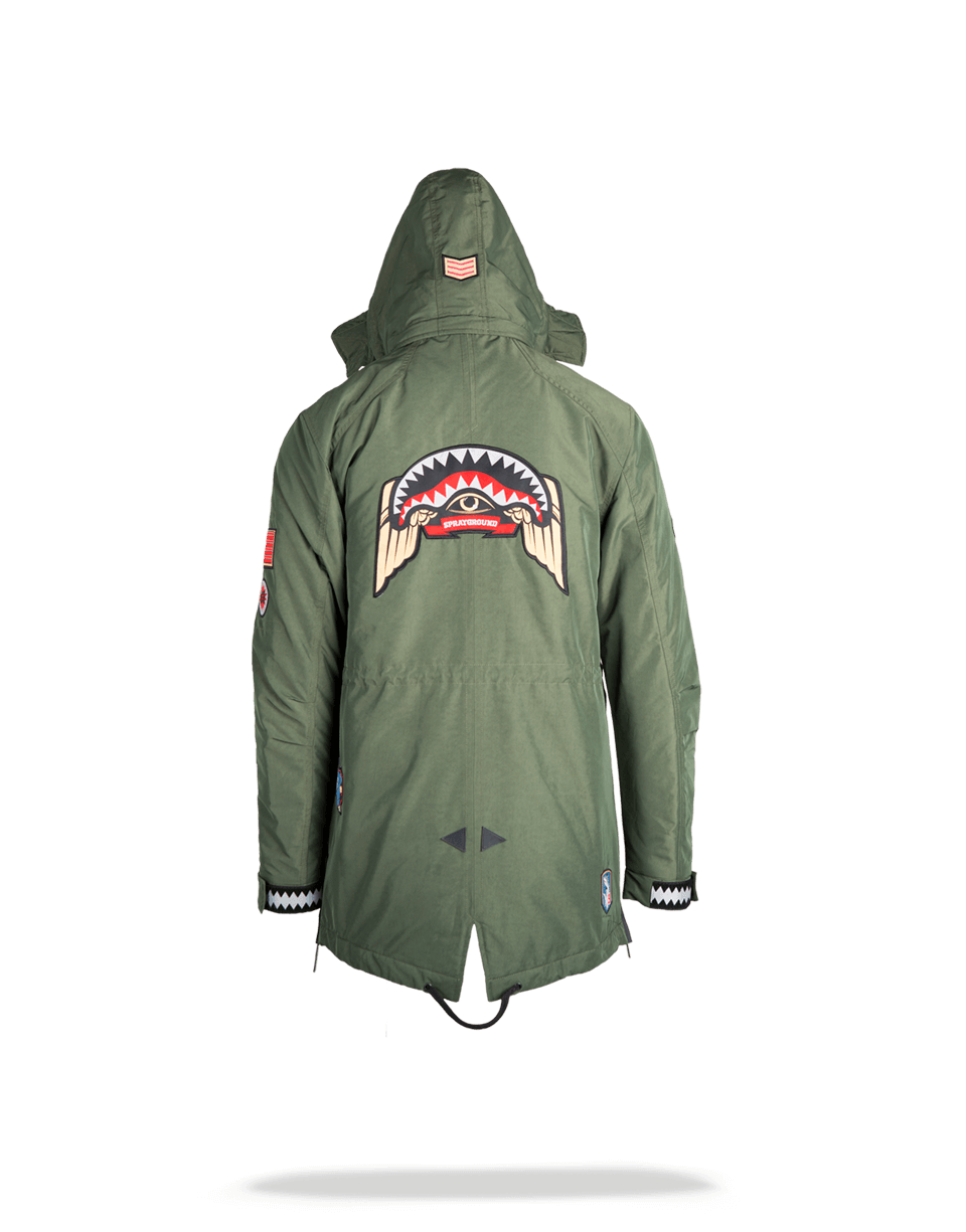 Green Army Patches Long Parka Hoody Mens (Size Small) - Image 2