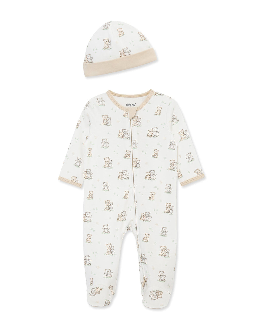 Little Me Fuzzy Bears 2-Way-Zip Footed One-Piece and Hat - White Print, NB