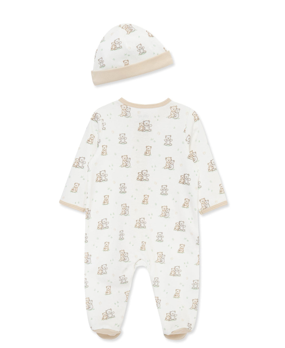 Little Me Fuzzy Bears 2-Way-Zip Footed One-Piece and Hat - White Print, NB - Image 2