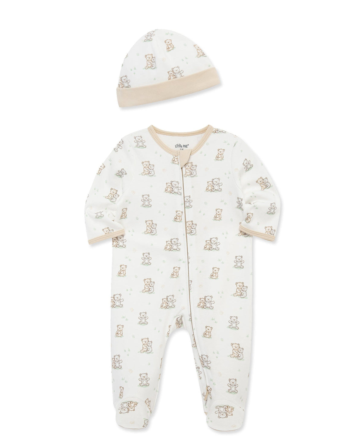 Little Me Fuzzy Bears 2-Way-Zip Footed One-Piece and Hat - White Print, NB - Image 3