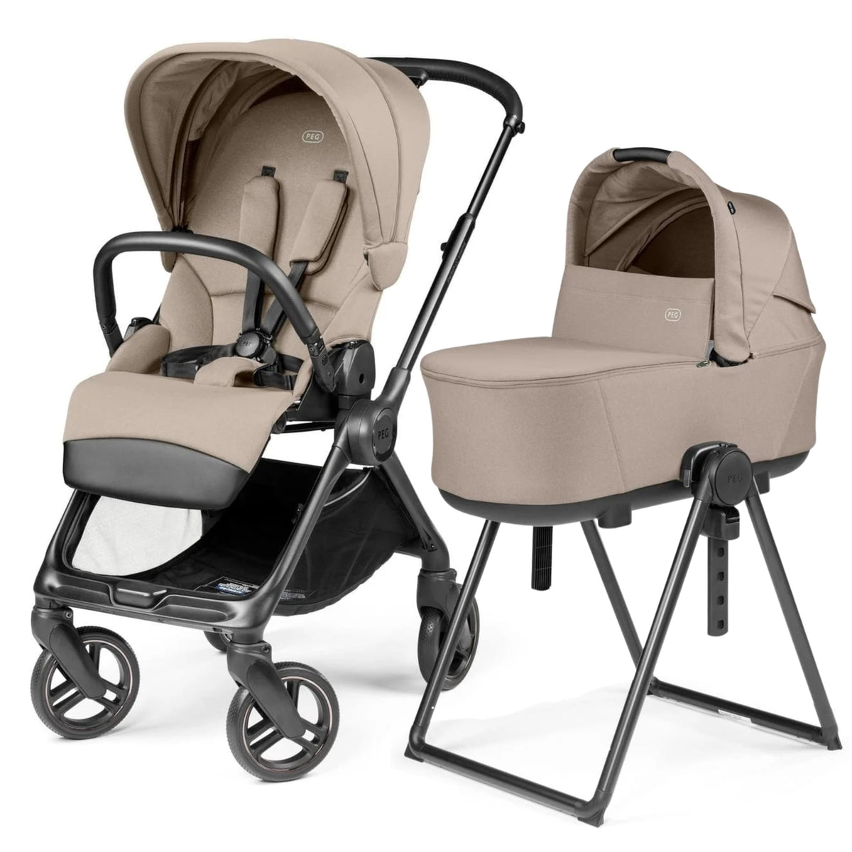 PEG Switch Reversible Handle Stroller + Culla Flex Bassinet With Stand - Desert