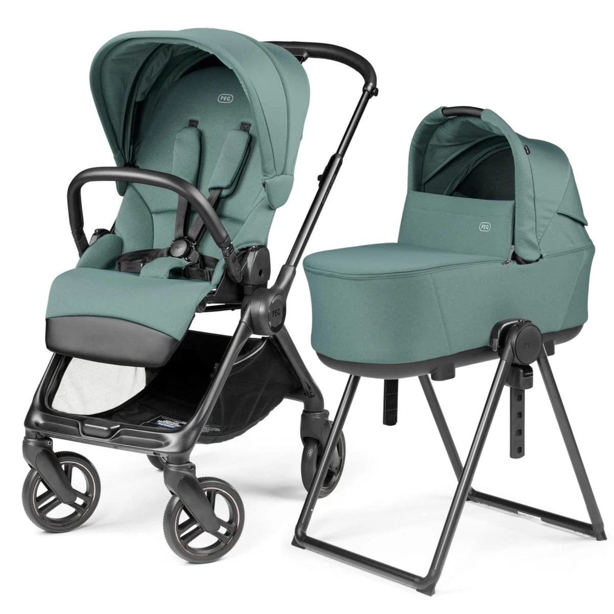 PEG Switch Reversible Handle Stroller + Culla Flex Bassinet With Stand - Jade