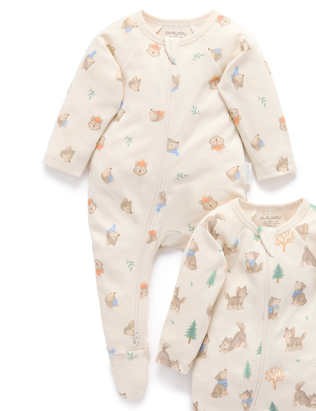 Purebaby 2 Pack Zip Growsuit - Wolf Cub Print, 0-3M - Image 3