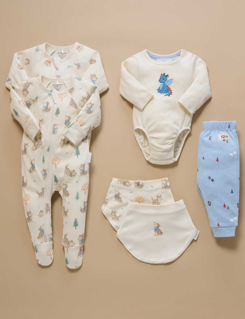 Purebaby 2 Pack Zip Growsuit - Wolf Cub Print, NB - Image 6